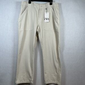 Zara Cream Denim Cargo Trousers Pants with Pockets Size XL NWT